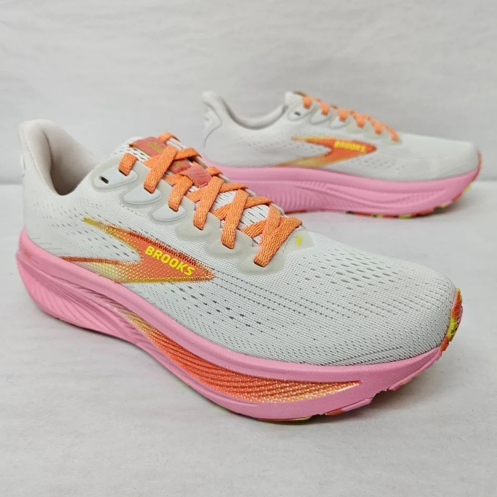 Brooks Women’s White Running Shoes with Pink Midsole and Orange Details